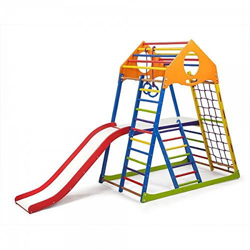 Centro de actividades con tobogán"KindwoodColor-Plus-2" red de escalada, anillos, escalera sueco, campo de juego infantil