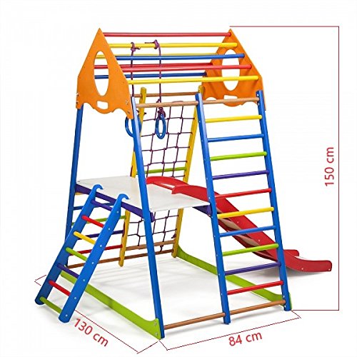 Centro de actividades con tobogán"KindwoodColor-Plus-2" red de escalada, anillos, escalera sueco, campo de juego infantil