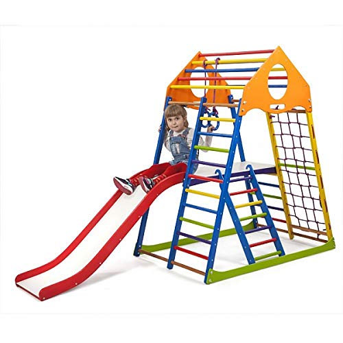 Centro de actividades con tobogán"KindwoodColor-Plus-2" red de escalada, anillos, escalera sueco, campo de juego infantil