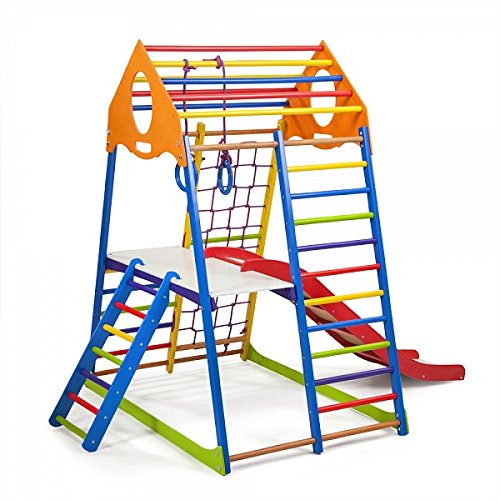 Centro de actividades con tobogán"KindwoodColor-Plus-2" red de escalada, anillos, escalera sueco, campo de juego infantil