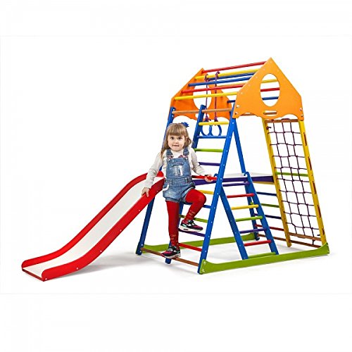 Centro de actividades con tobogán"KindwoodColor-Plus-2" red de escalada, anillos, escalera sueco, campo de juego infantil