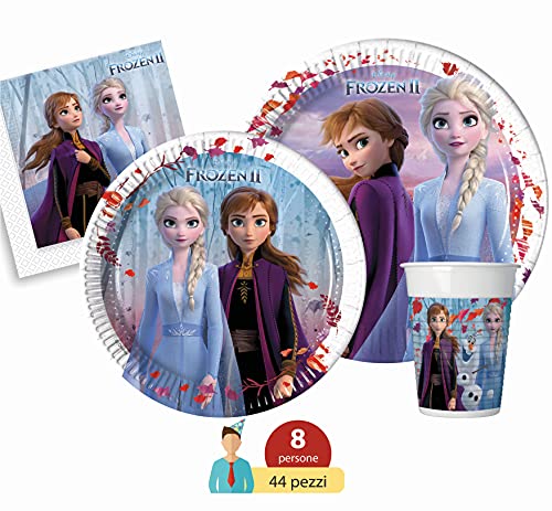 Ciao Y5054 Disney Frozen II - Juego de mesa para 8 personas (44 piezas de Ø23 cm, 8 platos de Ø20 cm, 8 vasos, 20 servilletas), multicolor, S, Y5054