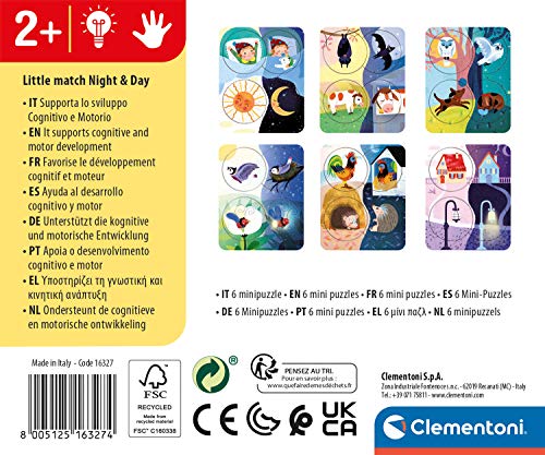 Clementoni - Little Match-Día y Noche-6 Mini, Puzzle de Letras, Juego Educativo para niños de 2 años, Fabricado en Italia, Multicolor, 16327