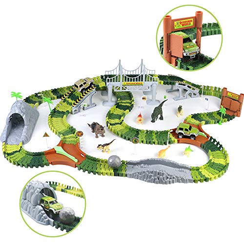 Coches de Dinosaurios Juguetes-264 Piezas Flexibles Circuito de Aventuras Incluyen 8 Figuras de Juego de Dinosaurios 2 Vehículo para Niños 3 4 5 6 Años