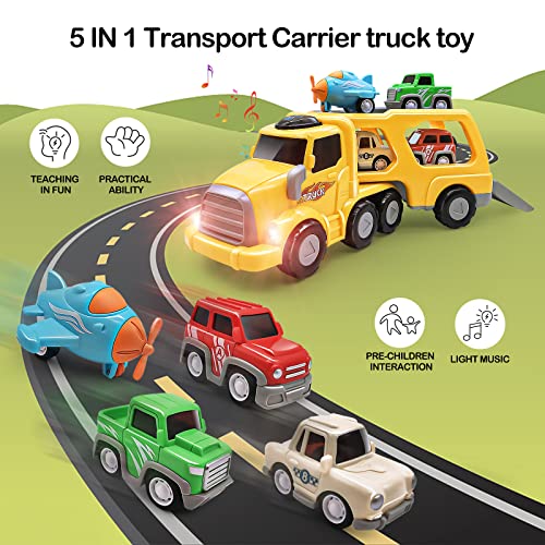 Coches de juguetes para Niños Camion Grande de Transporte con 4 Mini Coche inercia Funcion Luce y Sonido Regalo Juguete para Niño 1-6 años