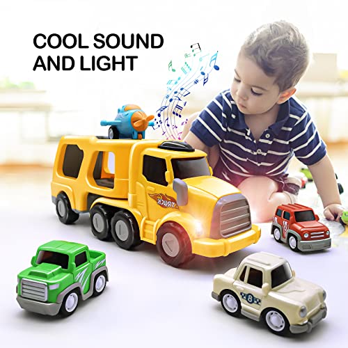 Coches de juguetes para Niños Camion Grande de Transporte con 4 Mini Coche inercia Funcion Luce y Sonido Regalo Juguete para Niño 1-6 años