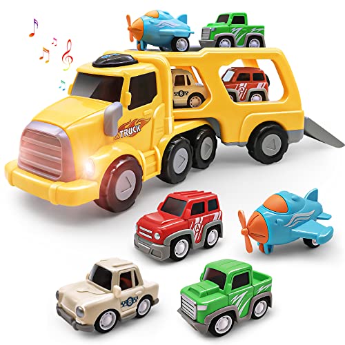 Coches de juguetes para Niños Camion Grande de Transporte con 4 Mini Coche inercia Funcion Luce y Sonido Regalo Juguete para Niño 1-6 años