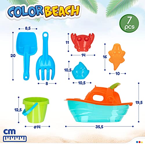 ColorBaby - Juguete de playa para niños, Set de playa, cubo de playa, Ø14 cm, yate, pala, rastrillo, 3 moldes arena, Juguetes de verano, Juguetes de arena, +18 mese (49263)