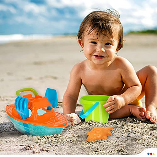 ColorBaby - Juguete de playa para niños, Set de playa, cubo de playa, Ø14 cm, yate, pala, rastrillo, 3 moldes arena, Juguetes de verano, Juguetes de arena, +18 mese (49263)