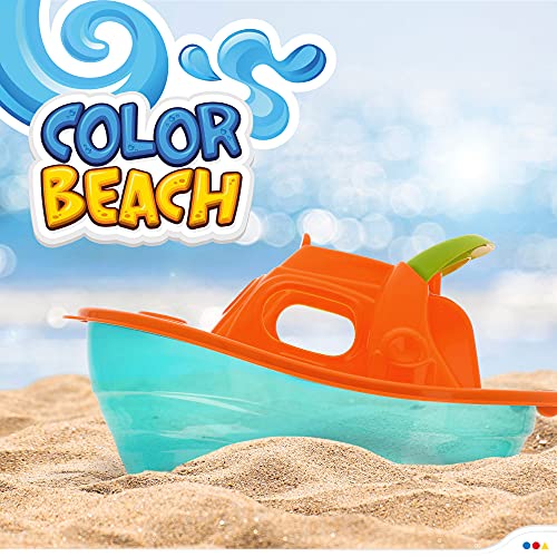 ColorBaby - Juguete de playa para niños, Set de playa, cubo de playa, Ø14 cm, yate, pala, rastrillo, 3 moldes arena, Juguetes de verano, Juguetes de arena, +18 mese (49263)