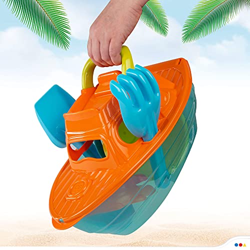 ColorBaby - Juguete de playa para niños, Set de playa, cubo de playa, Ø14 cm, yate, pala, rastrillo, 3 moldes arena, Juguetes de verano, Juguetes de arena, +18 mese (49263)