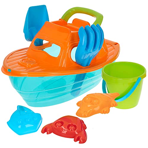 ColorBaby - Juguete de playa para niños, Set de playa, cubo de playa, Ø14 cm, yate, pala, rastrillo, 3 moldes arena, Juguetes de verano, Juguetes de arena, +18 mese (49263)