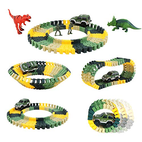 deAO 192 Piezas Vías de Tren Flexible de Dinosaurios Pista de Carreras Set de Juguetes para Coche Regalo para Niños y Niñas 3 4 5 6 Años con 1 Coche de Carreras, 3 Dinosaurios y 4 Soldados Incluidos