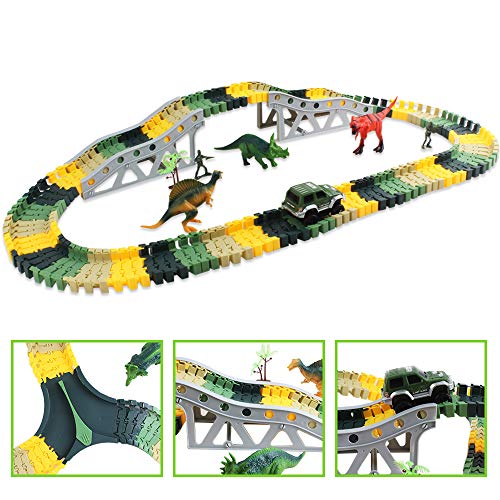 deAO 192 Piezas Vías de Tren Flexible de Dinosaurios Pista de Carreras Set de Juguetes para Coche Regalo para Niños y Niñas 3 4 5 6 Años con 1 Coche de Carreras, 3 Dinosaurios y 4 Soldados Incluidos