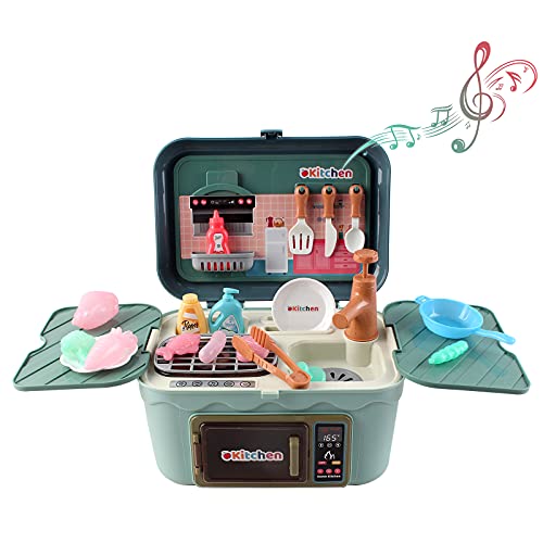 deAO Cocinita de Juguete Mini Little Cheff Juego Infantil Portátil Maleta Convertible de Cocina con Barbacoa, Fregadero, Horno Microondas, Funciones de Luz, Sonido, Agua y Accesorios Incluidos