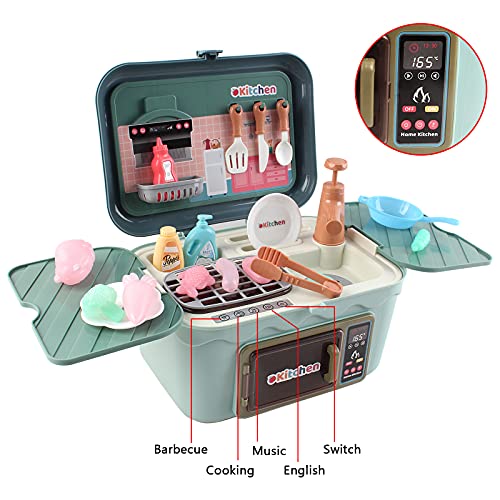 deAO Cocinita de Juguete Mini Little Cheff Juego Infantil Portátil Maleta Convertible de Cocina con Barbacoa, Fregadero, Horno Microondas, Funciones de Luz, Sonido, Agua y Accesorios Incluidos