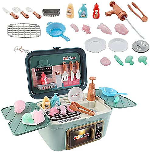 deAO Cocinita de Juguete Mini Little Cheff Juego Infantil Portátil Maleta Convertible de Cocina con Barbacoa, Fregadero, Horno Microondas, Funciones de Luz, Sonido, Agua y Accesorios Incluidos