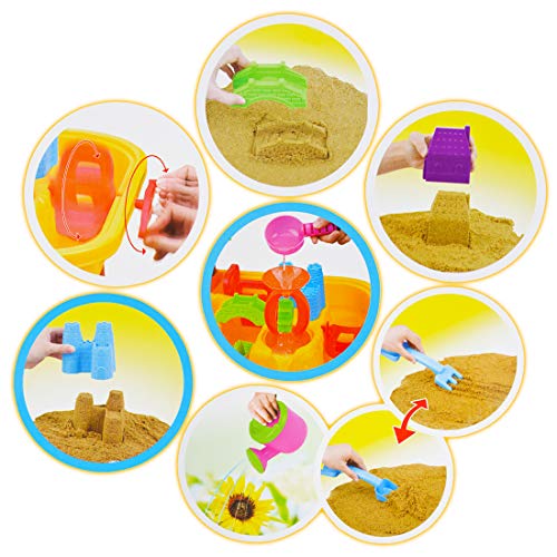 deAO Mesas de Juegos Exteriores 2 en 1 para Agua y Arena Mesa de Plástico Infantil con Tablas de Multiplicar y Acesorios de Playa Incluidos