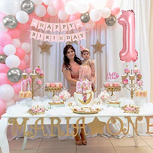 Decoración Cumpleaños Niña 1 año Rosa, Globos de Cumpleaños 1 año Niña Decoracion Feliz Cumpleaños Globo Número 1 Rosa Adornos Cumpleaños Mantel Torta para Infantil Niña Primera Fiesta de cumpleaño