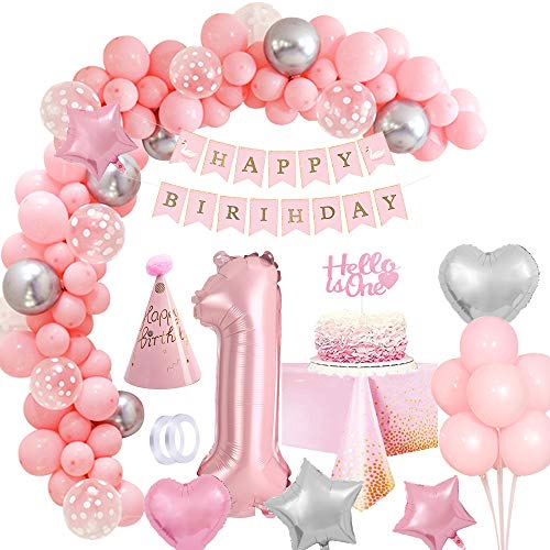 Decoración Cumpleaños Niña 1 año Rosa, Globos de Cumpleaños 1 año Niña Decoracion Feliz Cumpleaños Globo Número 1 Rosa Adornos Cumpleaños Mantel Torta para Infantil Niña Primera Fiesta de cumpleaño