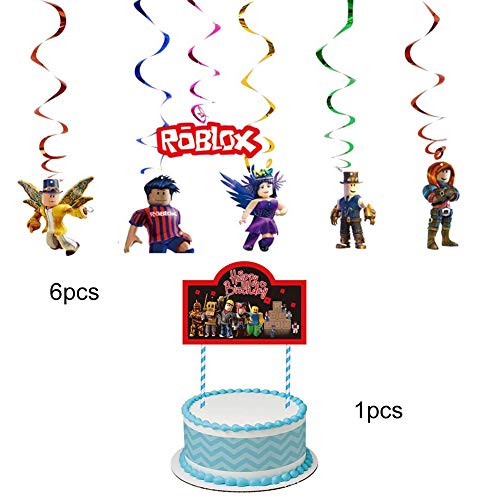 Decoración De Globos De Cumpleaños De Roblox,48 pcs Roblox Colgando remolinos Decoraciones Feliz Bithday Banner Giratorios Glitter Foil Cake Topper Gamer Cumpleaños Decoración