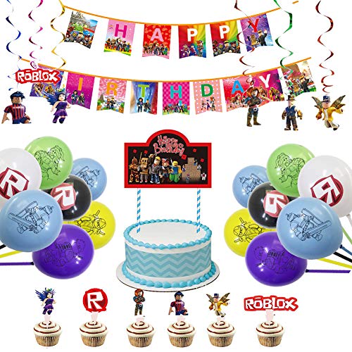 Decoración De Globos De Cumpleaños De Roblox,48 pcs Roblox Colgando remolinos Decoraciones Feliz Bithday Banner Giratorios Glitter Foil Cake Topper Gamer Cumpleaños Decoración