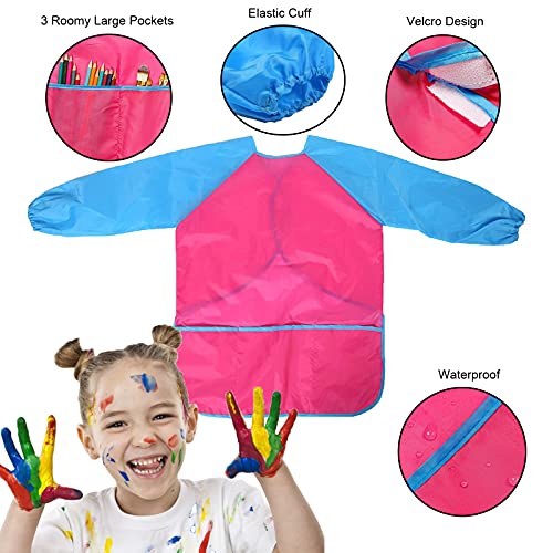 Delantal Infantil Pintura, 4pcs Delantales de Pintura Para Niños, Impermeable Delantal Pintura Artista Niños, Manga Larga Bata Impermeable Infantil con 3 Bolsillos Para 3 a 7 Años,Cocinando Hornear (A