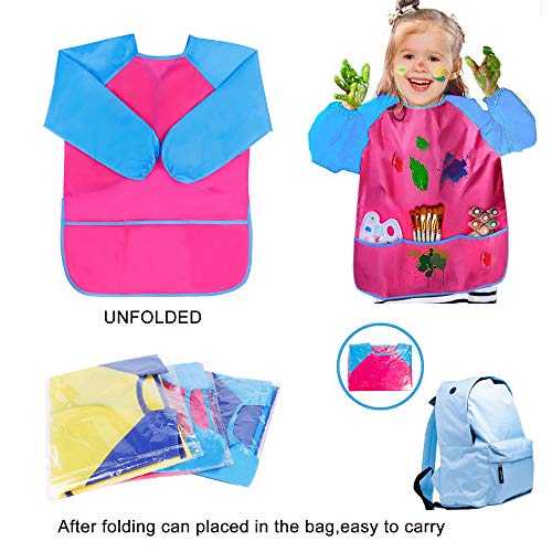 Delantales de Niño Impermeable Delantal Infantil Pintura para 3-7 Años Blusón Delantal Babero de Mangas Larga con 3 Bolsillos para Pintura y Manualidades 4 Piezas