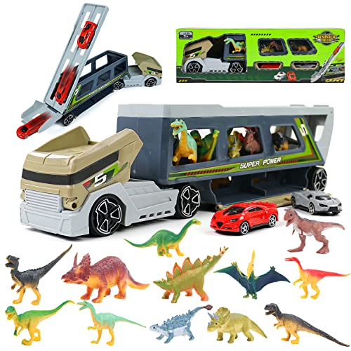 Dinosaurios Juguetes Camión - Transportador Camiones Coches de Juguetes con 12 Figuras de juegos dinosaurios 2 Coches Dinosaurio Animales Juguetes Educativos Regalo Juguete Niños 3 4 5 6 años