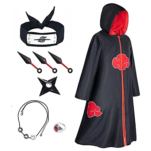 Disfraz de Itachi Uchiha Akatsuki Cosplay Naruto Capa Larga de Naruto Akatsuki Diadema de Naruto Leaf Village y Anillo de Naruto Akatsuki para fanáticos de Naruto Unisex para Halloween Carnaval