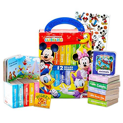 Disney Junior Board Books My First Library Mickey Mouse Board Book Set para niños pequeños ~ Paquete de 12 bloques de libro de Mickey Mouse con pegatinas de Mickey Mouse (libros de Mickey Mouse)