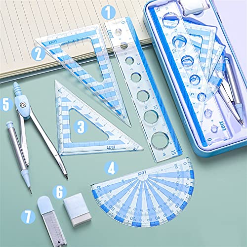 Dispositivos de medida Compasses multifuncionales - Compasses Rulers Eraser Math Set School School Secue Tool Set for estudiantes Oficina Suministros de papelería ( 7PCS) Compases ( Color : Blue )