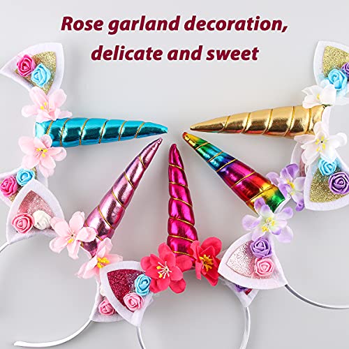 EKKONG Diademas de Unicornio con Flores, 5 Unids Disfraz de Unicornio para Niñas Adulto, Decoracion Unicornio para Cumpleaños Fiesta Unicornio Cosplay