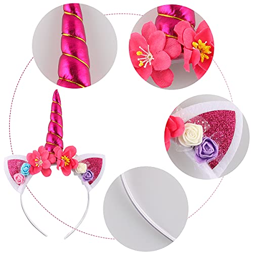 EKKONG Diademas de Unicornio con Flores, 5 Unids Disfraz de Unicornio para Niñas Adulto, Decoracion Unicornio para Cumpleaños Fiesta Unicornio Cosplay