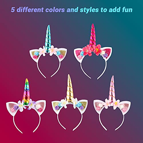 EKKONG Diademas de Unicornio con Flores, 5 Unids Disfraz de Unicornio para Niñas Adulto, Decoracion Unicornio para Cumpleaños Fiesta Unicornio Cosplay