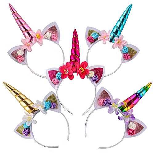 EKKONG Diademas de Unicornio con Flores, 5 Unids Disfraz de Unicornio para Niñas Adulto, Decoracion Unicornio para Cumpleaños Fiesta Unicornio Cosplay