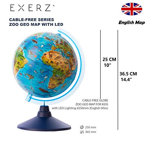 Exerz Globo iluminado de 25 cm Zoo-Geo con luz LED sin cable, 2 en 1, día y noche, mapa de inglés, mapa físico y zoológico, globo de luz, educativo y divertido, para la escuela, niños, familia