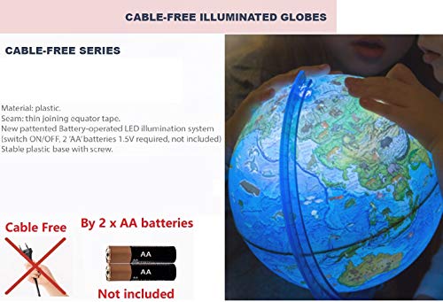 Exerz Globo iluminado de 25 cm Zoo-Geo con luz LED sin cable, 2 en 1, día y noche, mapa de inglés, mapa físico y zoológico, globo de luz, educativo y divertido, para la escuela, niños, familia