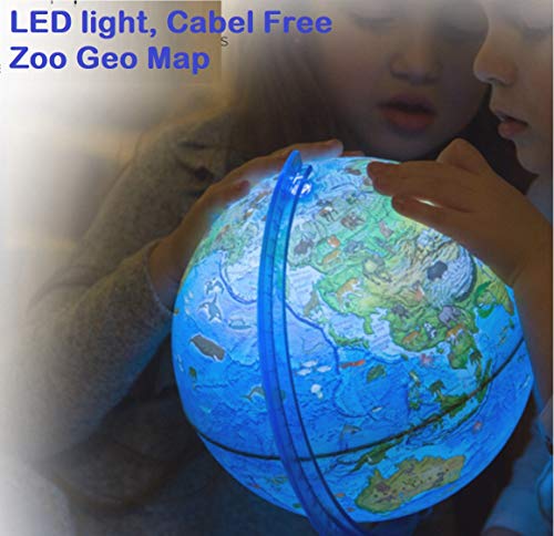 Exerz Globo iluminado de 25 cm Zoo-Geo con luz LED sin cable, 2 en 1, día y noche, mapa de inglés, mapa físico y zoológico, globo de luz, educativo y divertido, para la escuela, niños, familia