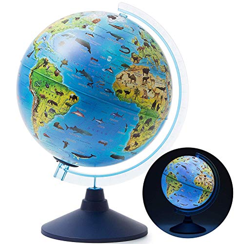 Exerz Globo iluminado de 25 cm Zoo-Geo con luz LED sin cable, 2 en 1, día y noche, mapa de inglés, mapa físico y zoológico, globo de luz, educativo y divertido, para la escuela, niños, familia