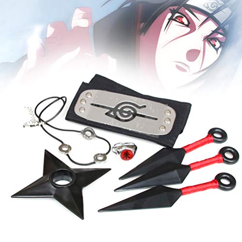 ExH Capa De Akatsuki Itachi, 8 Piezas de Naruto Akatsuki Cloak Anime Cosplay Anime Naruto Akatsuki Traje Largo Capa de Anime Japonés Disfraz de Cosplay Diadema Accesorios Completos