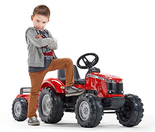 Falk 4010AB - Tractor con Pedales Valtra con Remolque, a Partir de 3 años, Fabricado en Francia, Volante direccional con bocina