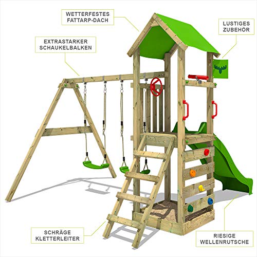 FATMOOSE Parque infantil de madera KiwiKey Kick XXL con columpio y tobogán, Torre de escalada da exterior con arenero y escalera para niños