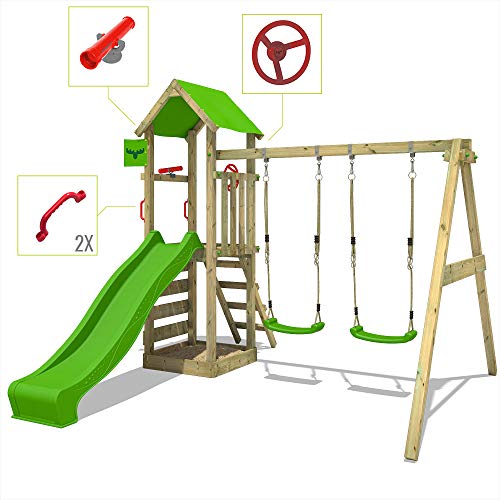 FATMOOSE Parque infantil de madera KiwiKey Kick XXL con columpio y tobogán, Torre de escalada da exterior con arenero y escalera para niños