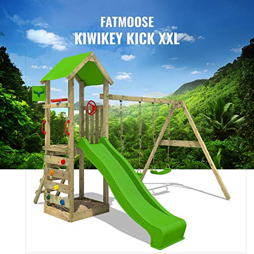 FATMOOSE Parque infantil de madera KiwiKey Kick XXL con columpio y tobogán, Torre de escalada da exterior con arenero y escalera para niños