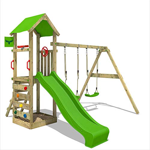 FATMOOSE Parque infantil de madera KiwiKey Kick XXL con columpio y tobogán, Torre de escalada da exterior con arenero y escalera para niños