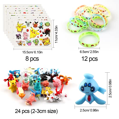 Figuras Monster, Monster Mini Figure, 24 Mini Figuras Pikachu, 12 Figuritas Pulsera de Silicona, 8 Hojas Tatuajes Temporales para Niños Niñas, Fiesta para Niños y Adultos