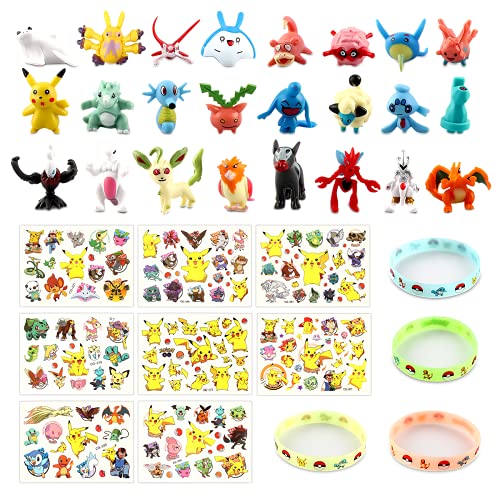 Figuras Monster, Monster Mini Figure, 24 Mini Figuras Pikachu, 12 Figuritas Pulsera de Silicona, 8 Hojas Tatuajes Temporales para Niños Niñas, Fiesta para Niños y Adultos