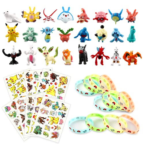 Figuras Monster, Monster Mini Figure, 24 Mini Figuras Pikachu, 12 Figuritas Pulsera de Silicona, 8 Hojas Tatuajes Temporales para Niños Niñas, Fiesta para Niños y Adultos