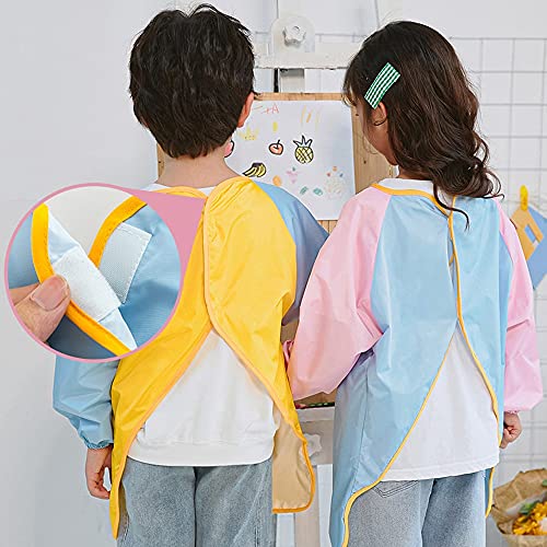 GLBS Azul-Amarillo Cepillo Manga Larga Manga A Prueba De Agua Pintura For Niños Delantal con Bolsillos Puños Elásticos Volver Pasta Diseño Smock For Niños De 2 A 13 Años De Años